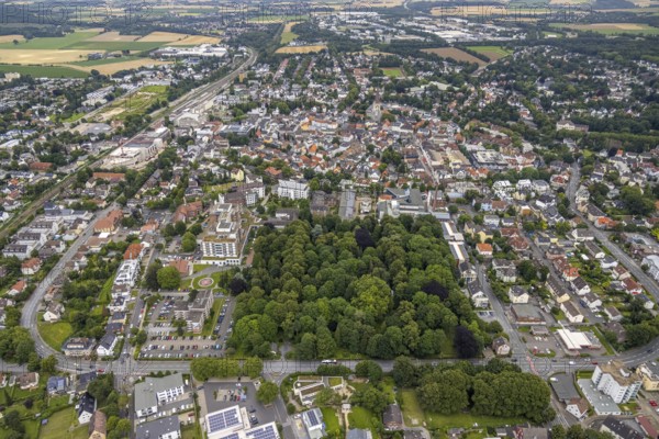 Aerial view, Kath. Hospitalverbund Hellweg and Alter Westfriedhof with trees, Unna, Ruhr area,