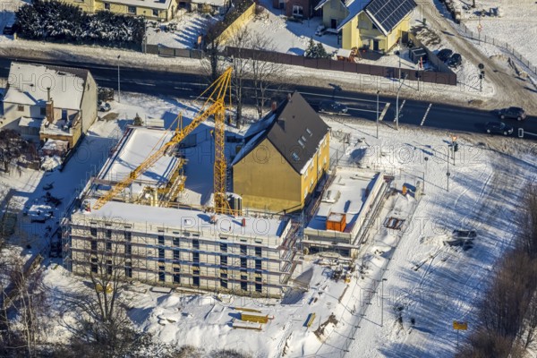 Aerial view, commercial area Unna-Kamen, construction site new building Hallohweg corner Kamener