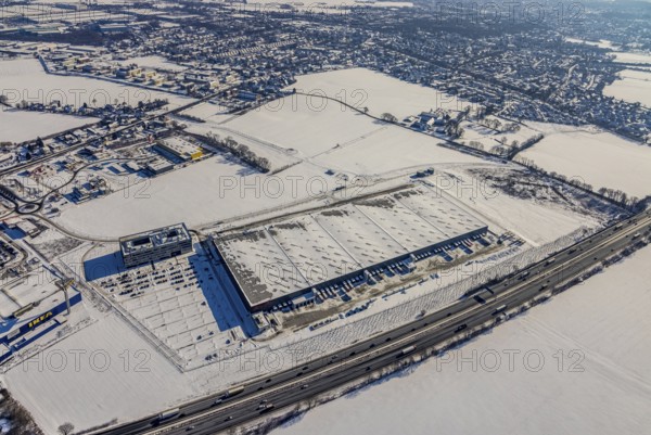 Aerial view, commercial area Unna-Kamen, central warehouse for Woolworth, ERL euro retail logistics