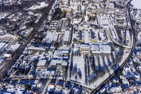 Aerial view, construction site Berliner Allee building with further education centre, educational