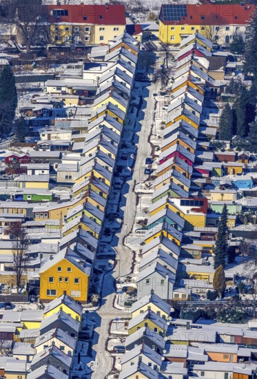 Aerial view, Friedrichstraße colliery housing estate, coloured house facades in the snow,
