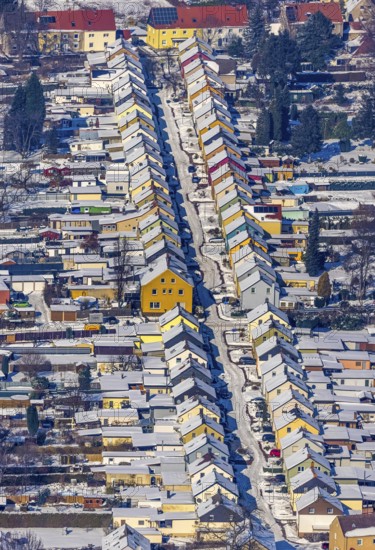 Aerial view, Friedrichstraße colliery housing estate, coloured house facades in the snow,
