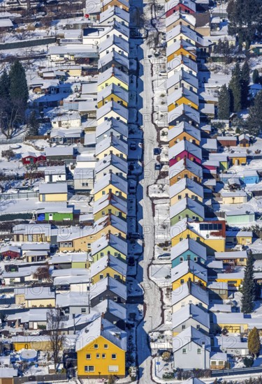 Aerial view, Friedrichstraße colliery housing estate, coloured house facades in the snow,
