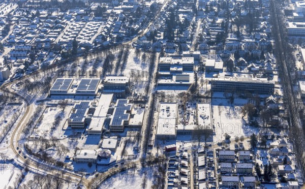 Aerial view, construction site Berliner Allee building with further education centre, educational
