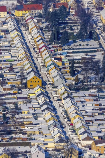 Aerial view, Friedrichstraße colliery housing estate, coloured house facades in the snow,