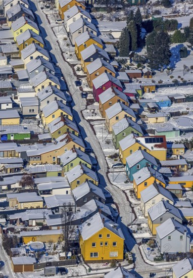 Aerial view, Friedrichstraße colliery housing estate, coloured house facades in winter, Königsborn,