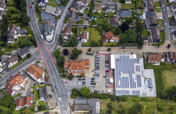 Aerial view, Rewe supermarket with solar roof, dimensions, Unna, Ruhr area, North Rhine-Westphalia,