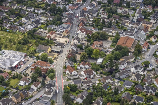 Aerial view, Rewe supermarket with solar roof, Massener Hellweg, primary school Schillerschule,
