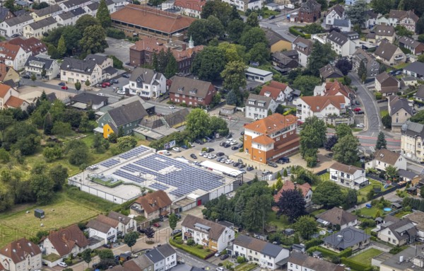 Aerial view, Rewe supermarket with solar roof, Massener Hellweg, primary school Schillerschule,