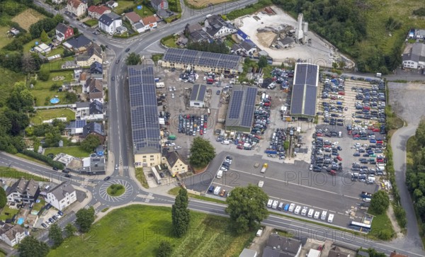 Aerial view, industrial area Nordstraße with solar roof buildings, car yard, Maßen, Unna, Ruhr