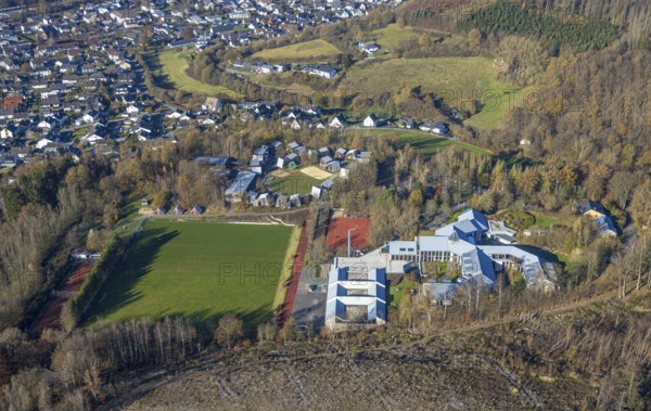 Aerial view, forest area with forest damage and sports and conference centre Hachen in the district