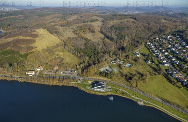 Aerial view, home harbour gastronomy on the lakeside promenade at Lake Sorpe and forest damage in