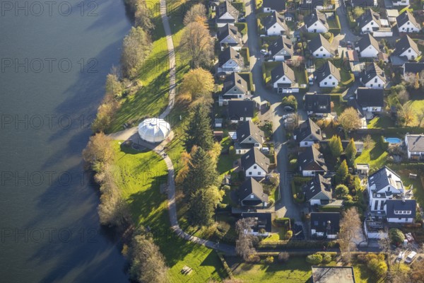 Aerial view, white pavilion at the air adventure trail at the Sorpe lake in the district Amecke in