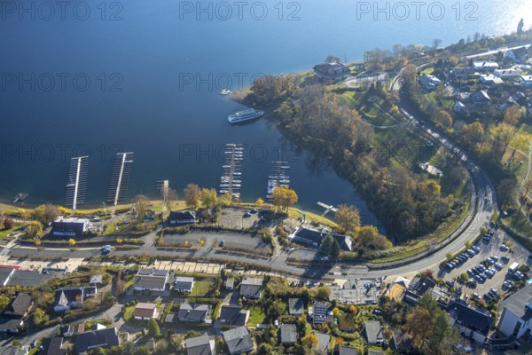 Aerial view, boat moorings Yachtclub Sorpesee am Sorpesee im Ortsteil Langscheid in Sundern,