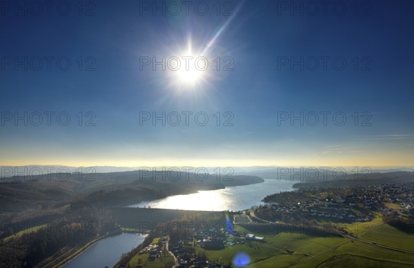 Aerial view, Sorpesee in backlight in the district Langscheid in Sundern, Sauerland, North