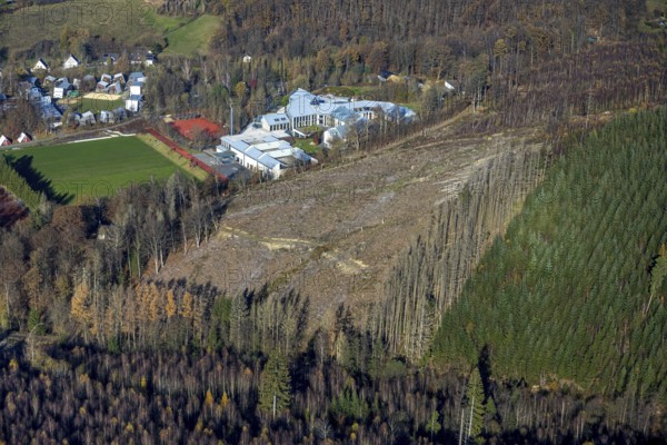 Aerial view, forest area with forest damage and sports and conference centre Hachen in the district