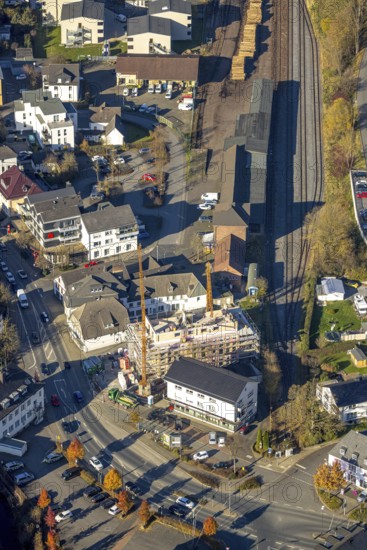 Aerial view, construction site for new building Mescheder Straße and timber loading at Sundern