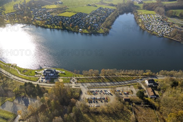 Aerial view, home harbour gastronomy at the lakeside promenade at the Sorpesee in the district