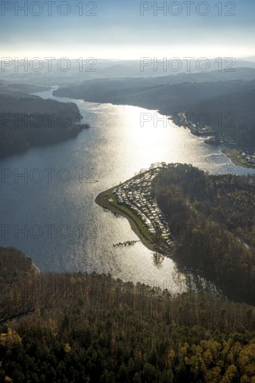 Aerial view, Sorpesee backlit with family campsite Sorpesee Campingplatz im Ortsteil Langscheid in