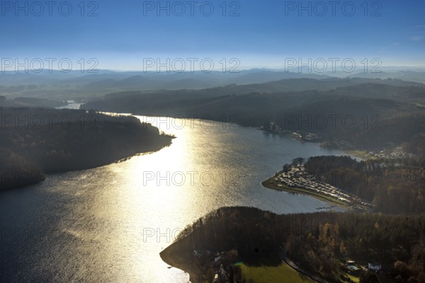 Aerial view, Sorpesee in backlight in the district Langscheid in Sundern, Sauerland, North