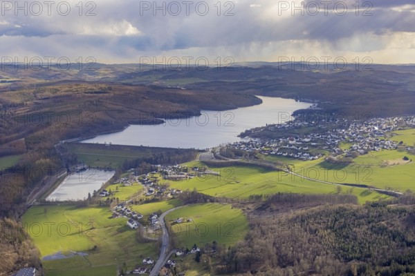 Aerial view, Lake Sorpe with dam, Langscheid, Sundern, Sauerland, North Rhine-Westphalia, Germany,