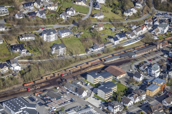 Aerial view, timber transport and loading at Sundern station, Sundern, Sauerland, North