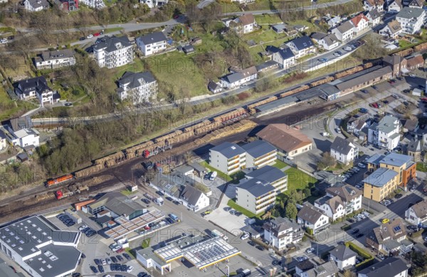 Aerial view, timber transport and loading at Sundern station, Sundern, Sauerland, North