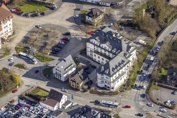 Aerial photo, Hotel Sunderland and Town Hall Square, Rathausplatz in Sundern, Sundern, Sauerland,