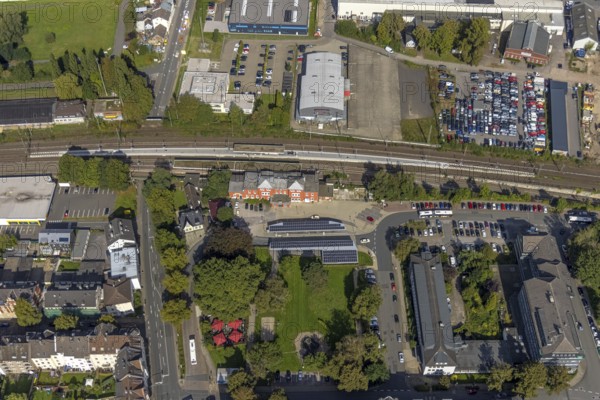 Aerial view, Schwelm railway station with red station building and bus station with solar roof and