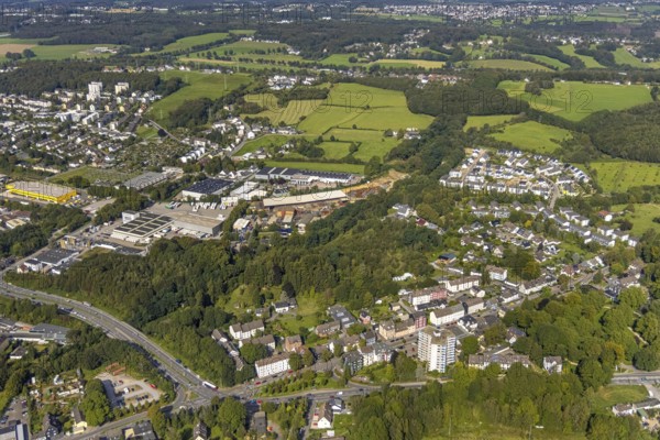 Aerial view, commercial area Berliner Straße and Prinzenstraße in the district Lindenberg in