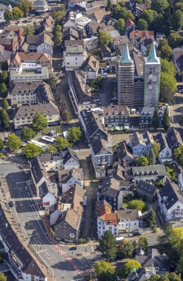 Aerial view, church tower renovation of the evang. Christuskirche in Schwelm, Ruhr area, North