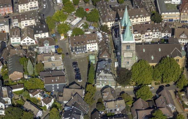 Aerial view, church tower renovation of the evang. Christuskirche and Altmarkt in Schwelm, Ruhr
