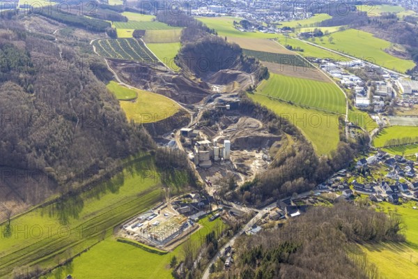 Aerial view, Westenfeld quarry, German asphalt asphalt mixing plant, construction site new