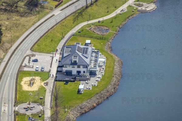 Aerial view, gastronomy home harbour at the lakeside promenade Seestraße, Sorpesee, Amecke,