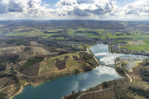Aerial photo, forest damage in the forest area at Sorpesee, Amecke, Sundern, Sauerland, North