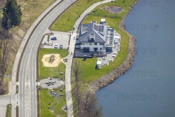 Aerial view, gastronomy home harbour at the lakeside promenade Seestraße, Sorpesee, Amecke,