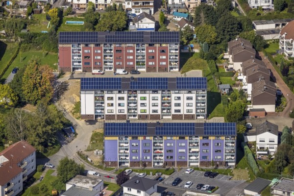 Aerial view, renovation of the apartment buildings on Hegelstraße with solar roof in the Loh