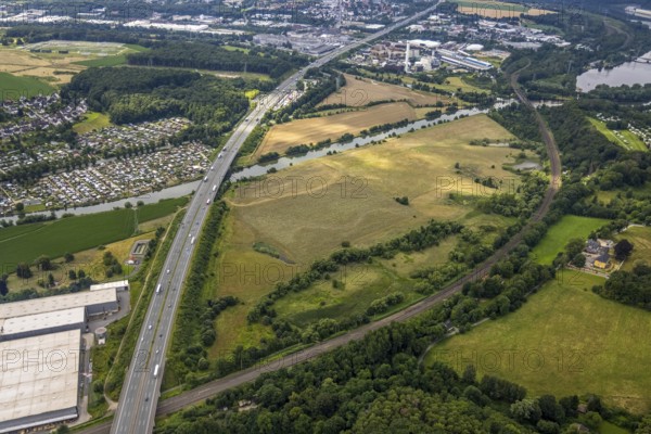 Aerial view, motorway A1 near Hagen and Schwerte, a week ago there was still land under water at