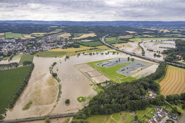 Aerial photo, Ruhr flood, Ruhr bridge of the Sauerland line A45, motorway bridge A45, Wandhofen,