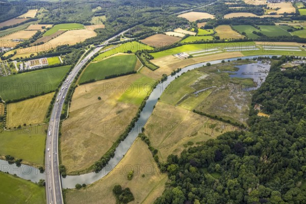 Aerial view, motorway A45 Sauerlandlinie with Ruhr bridge, a week ago the Ruhr was flooded, course