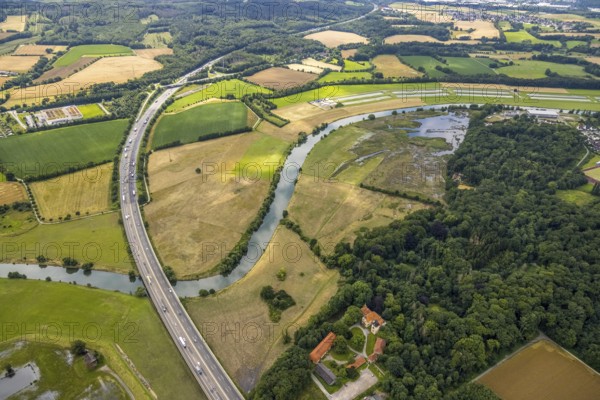 Aerial view, motorway A45 Sauerlandlinie with Ruhr bridge, a week ago the Ruhr was flooded, course