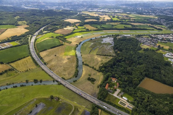 Aerial view, motorway A45 Sauerlandlinie with Ruhr bridge, a week ago the Ruhr was flooded, course