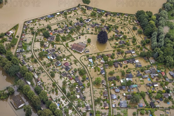 Aerial photo, Ruhr flood, flooded campsite Amsel restaurant on the Ruhr Valley cycle path in