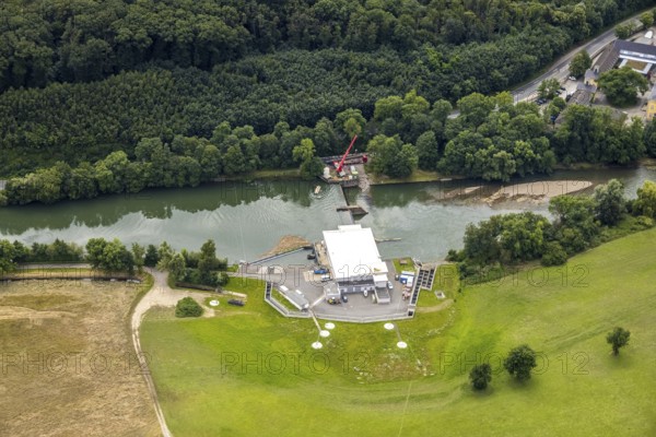 Aerial view, a week ago there was land under water at this point - the Ruhr was flooding, course of