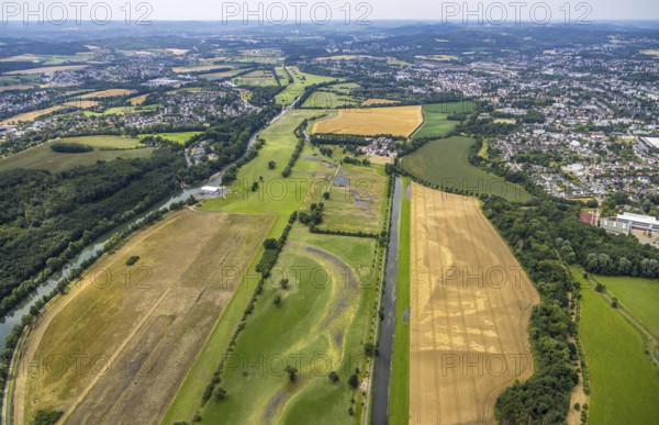 Aerial view, a week ago there was land under water at this point - the Ruhr was flooding, course of