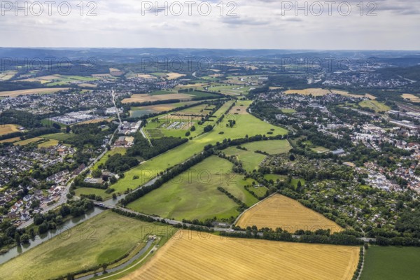 Aerial view, a week ago there was still land under water at this point - the Ruhr was flooding,