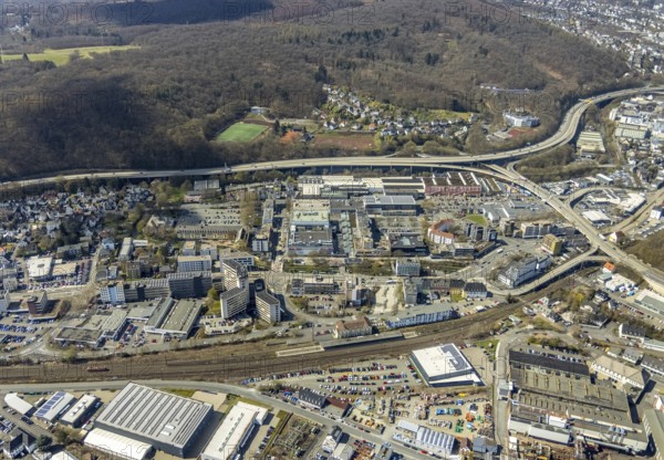 Aerial view, Weidenau railway station, tax office, town administration and town hall, view of