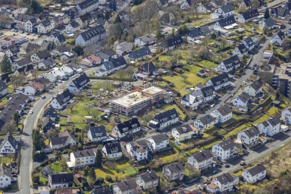 Aerial view, construction site and new building of the Protestant Kindergarten Schießberg,