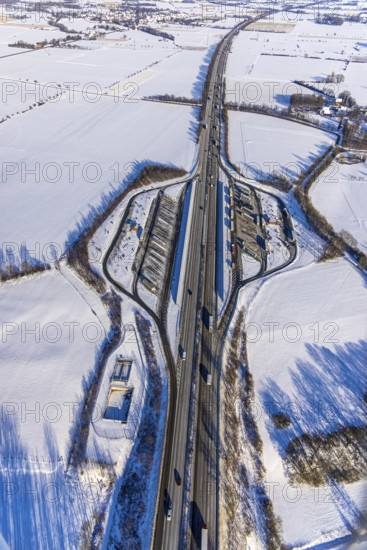 Aerial photo, Ostönner Grund rest area on the A44 motorway, snow, winter, rest areas, trucks,