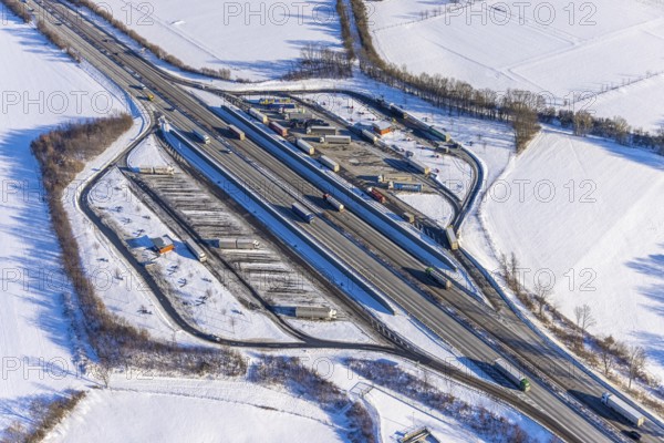 Aerial photo, Ostönner Grund rest area on the A44 motorway, snow, winter, rest areas, trucks,